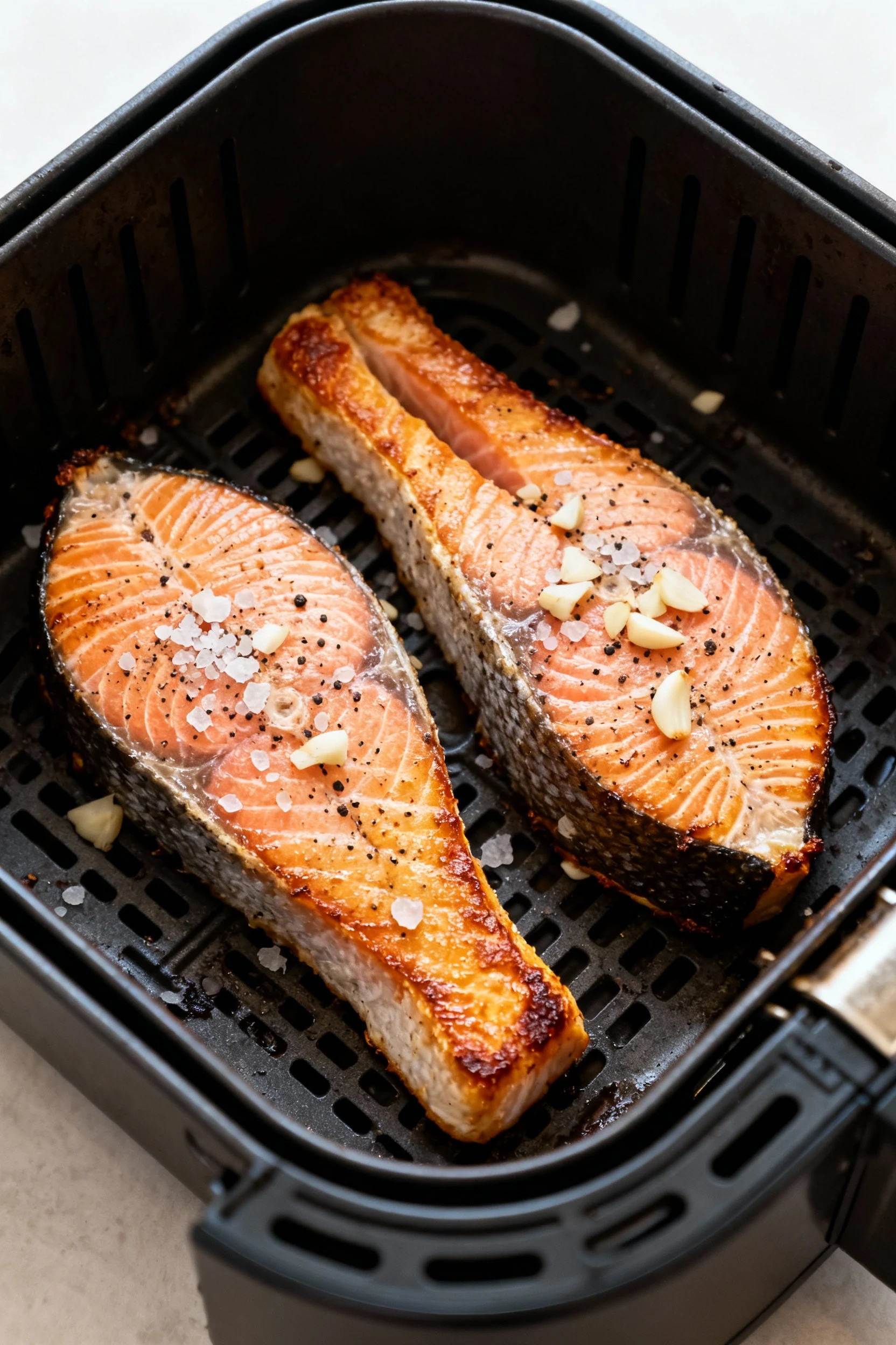 Overhead shot of two salmon fillets just finished in the air fryer basket, skin-side down, edges perfectly crisp, season