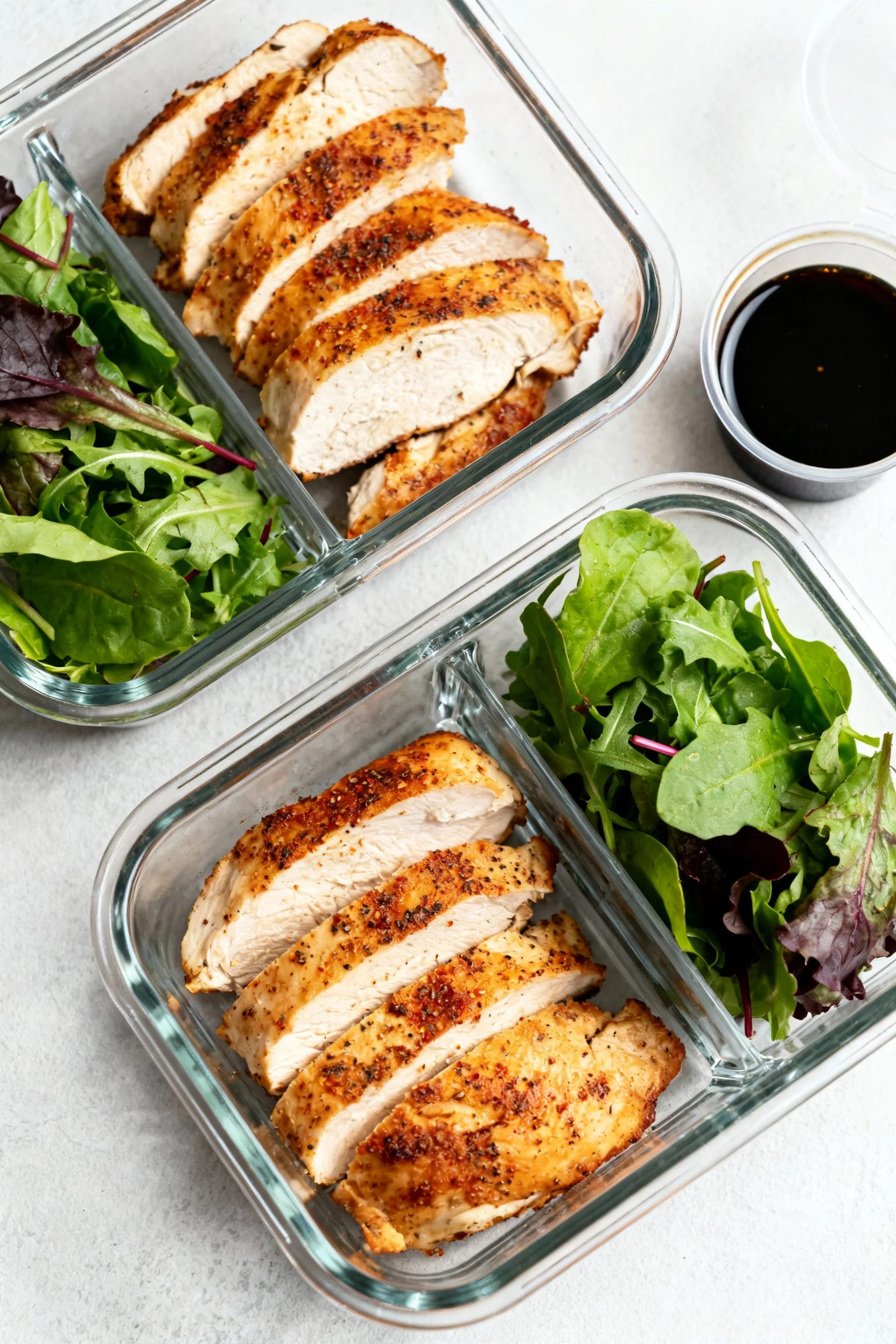 Overhead shot: glass meal-prep containers with sliced air-fried chicken showing even doneness and spice rub; mixed green