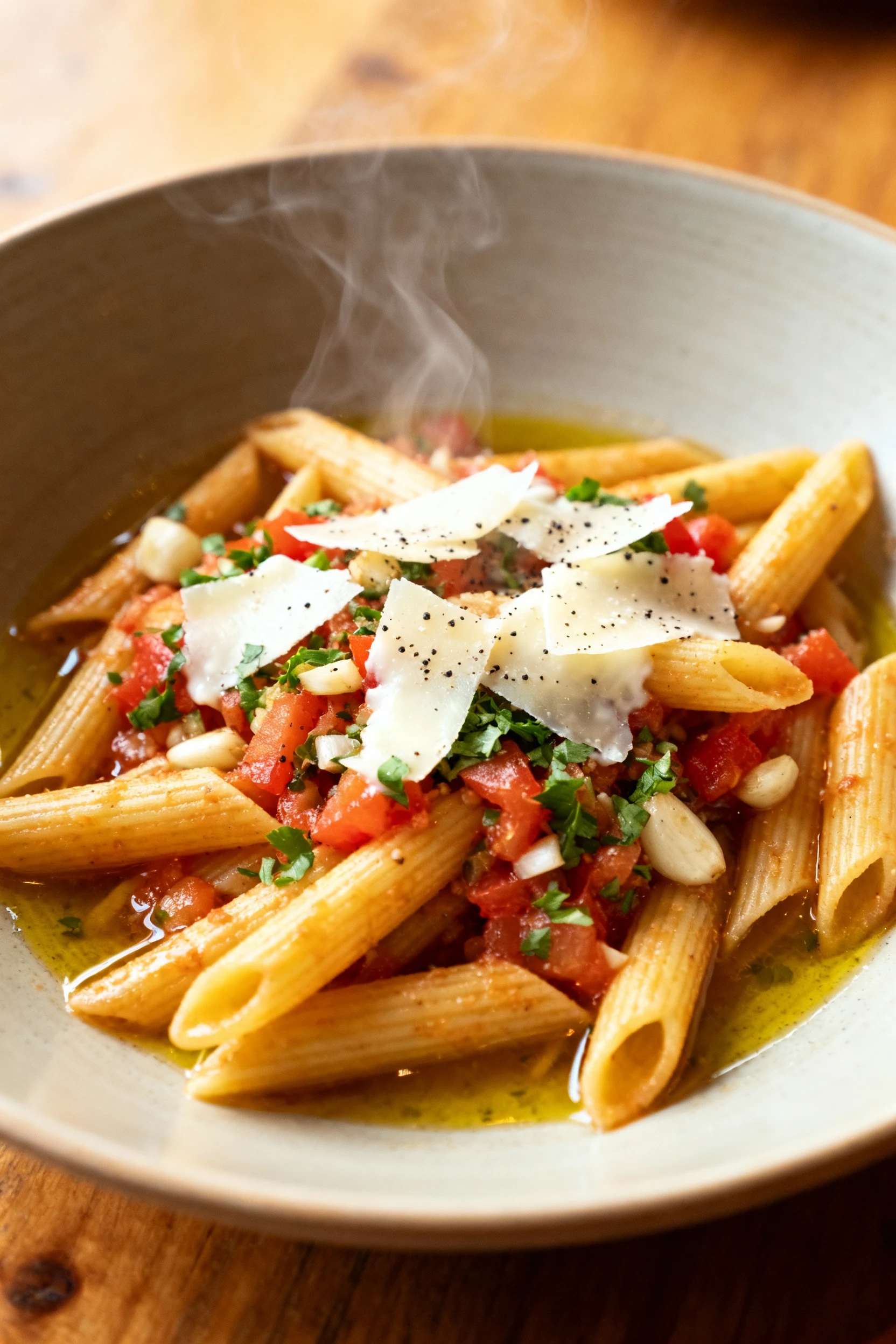 4. Final dish of ground turkey tomato-basil pasta: al dente penne tossed with diced tomatoes, garlic, parsley, and olive