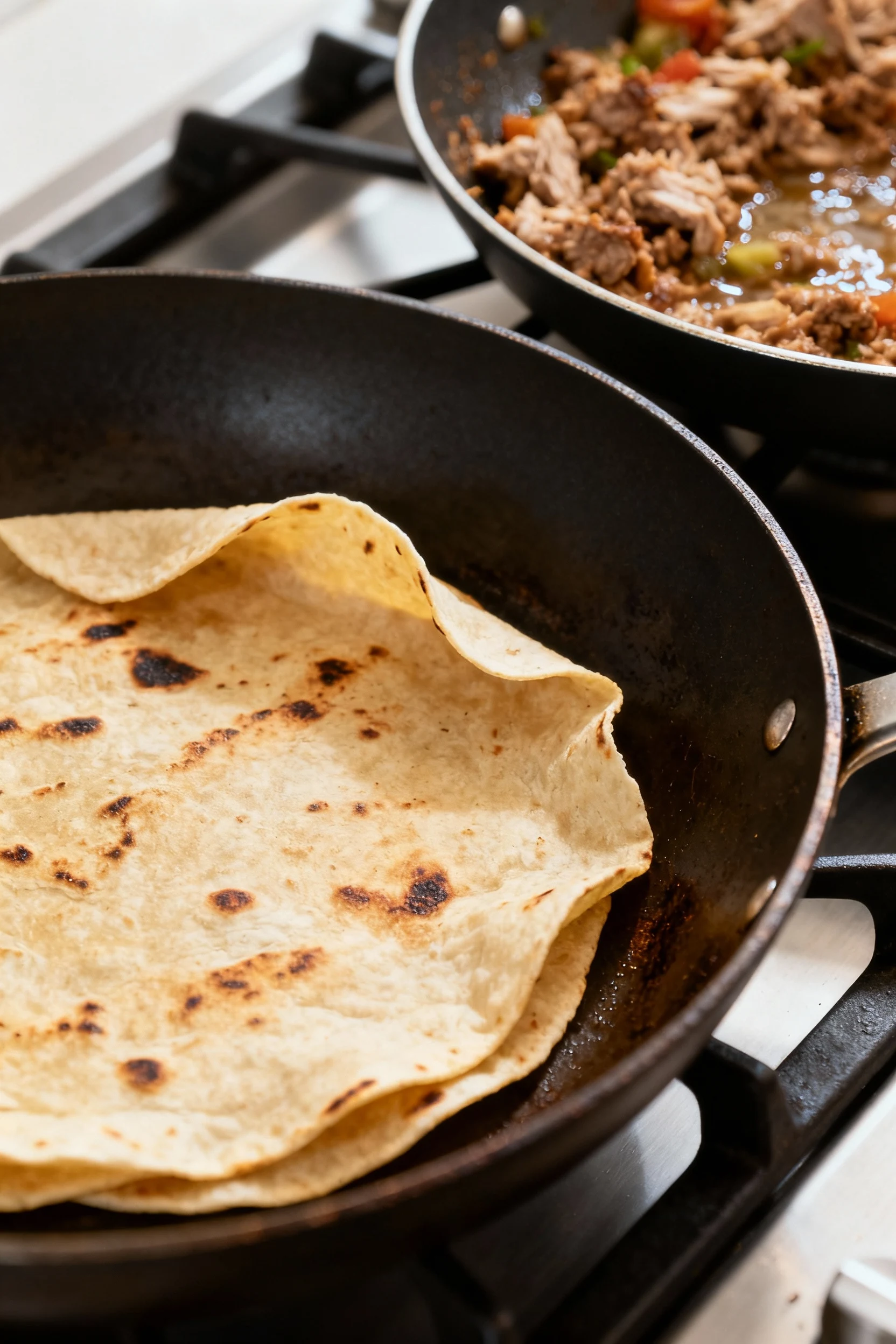 Cooking process: tortillas warming in a dry skillet until pliable with subtle char spots, turkey mixture ready in a near
