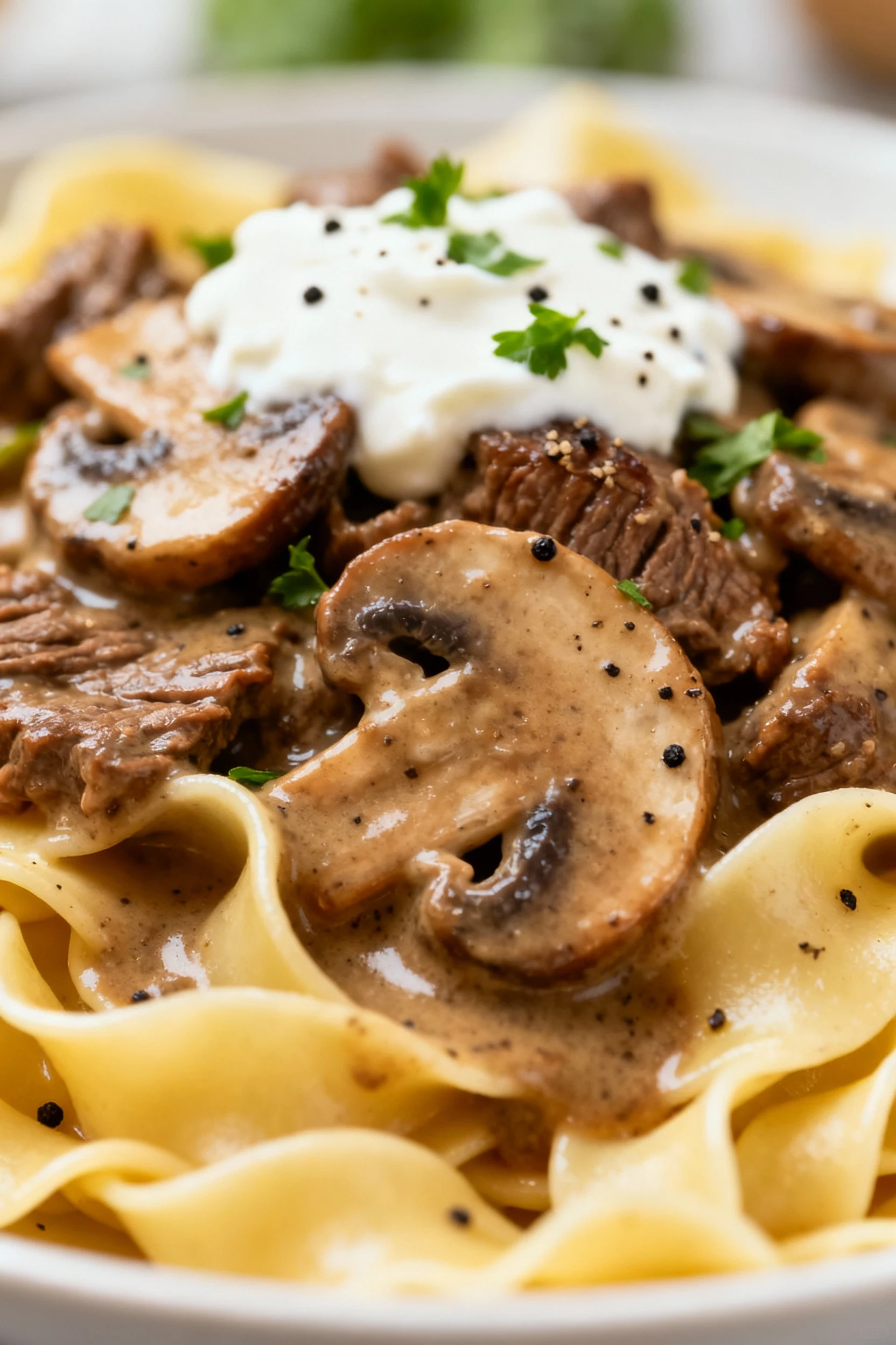 4. Close-up detail: silky Beef Stroganoff over egg noodles—tender stew meat and mushrooms in Worcestershire-rich gravy f