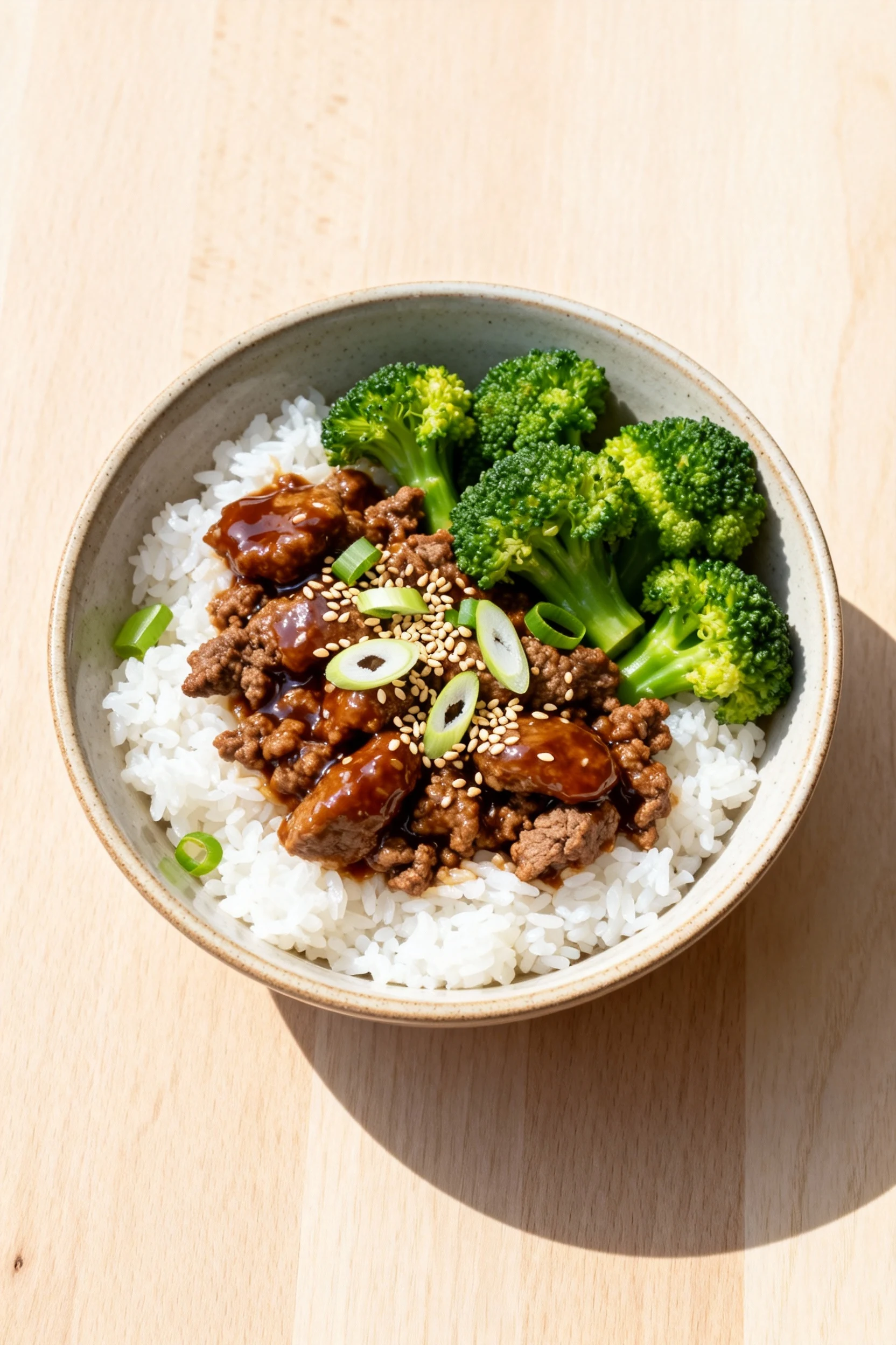 Top-down bowl: Beef & Broccoli Rice Bowl—soy-ginger glazed ground beef over fluffy white rice, bright green broccoli flo