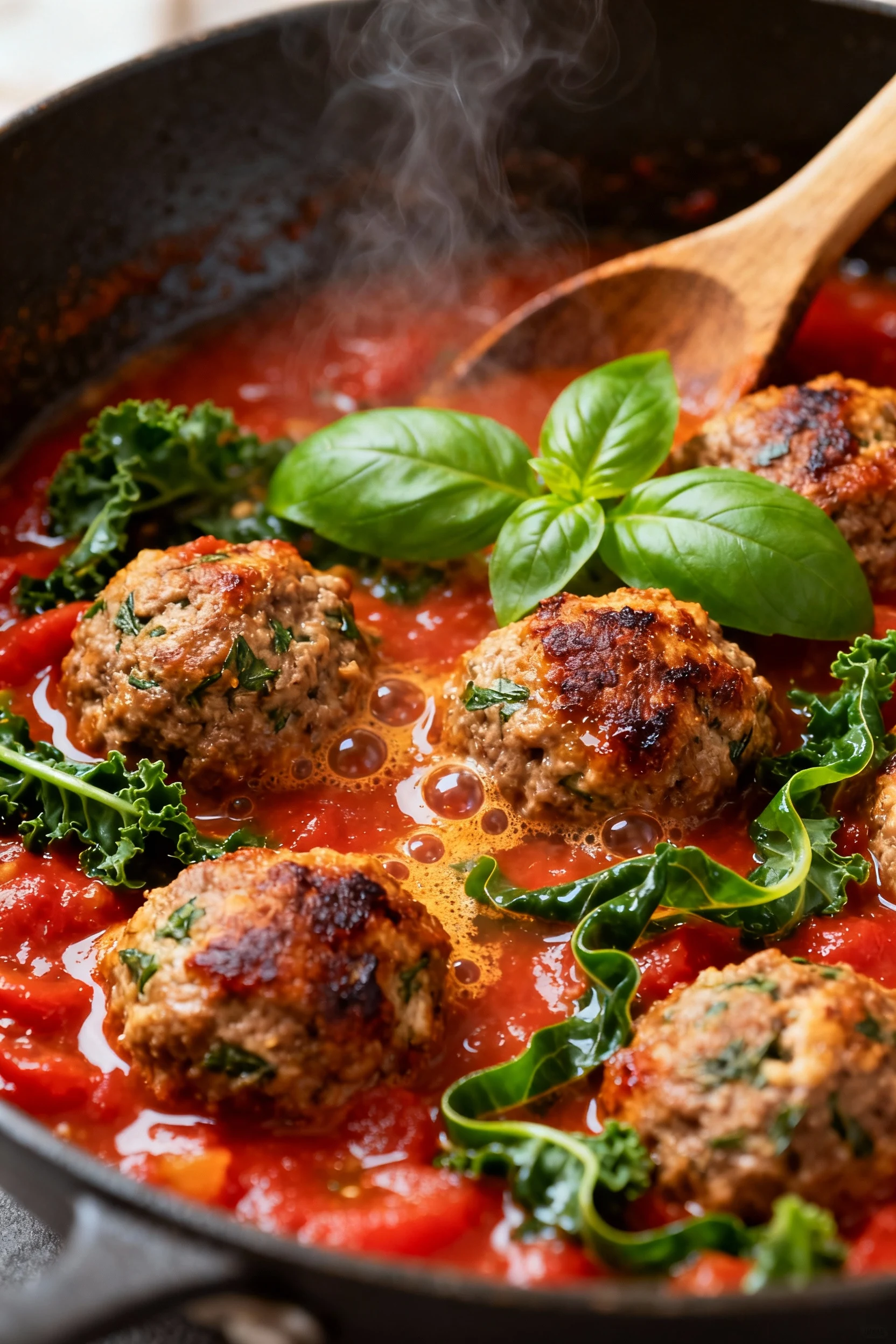 Close-up of Herby Beef Meatballs simmering in tomato–kale sauce—browned meatball crust, bubbles in crushed tomatoes, wil