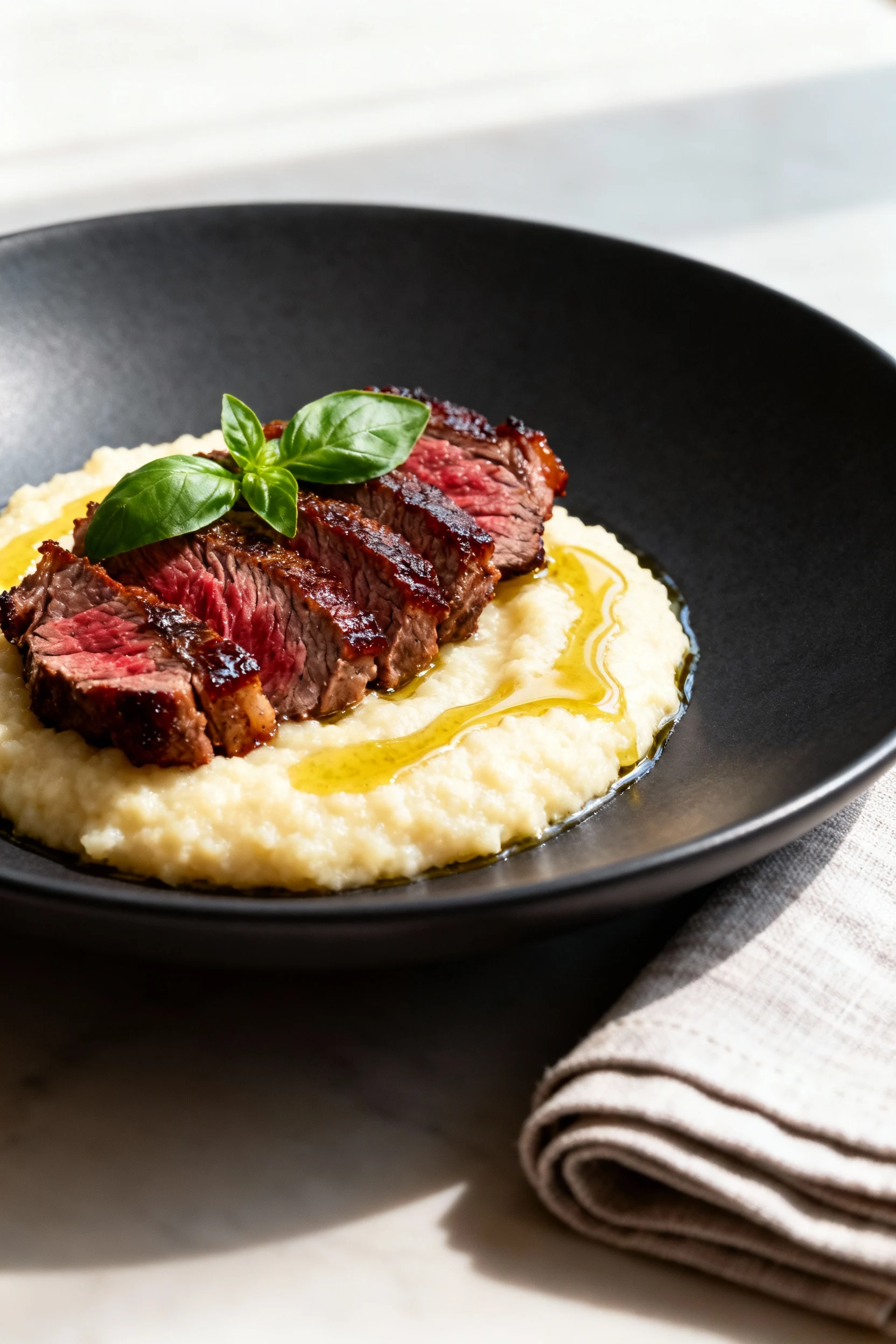 Elegant final plating of Instant Pot Italian-style beef over creamy polenta, garnished with fresh basil leaves and a dri