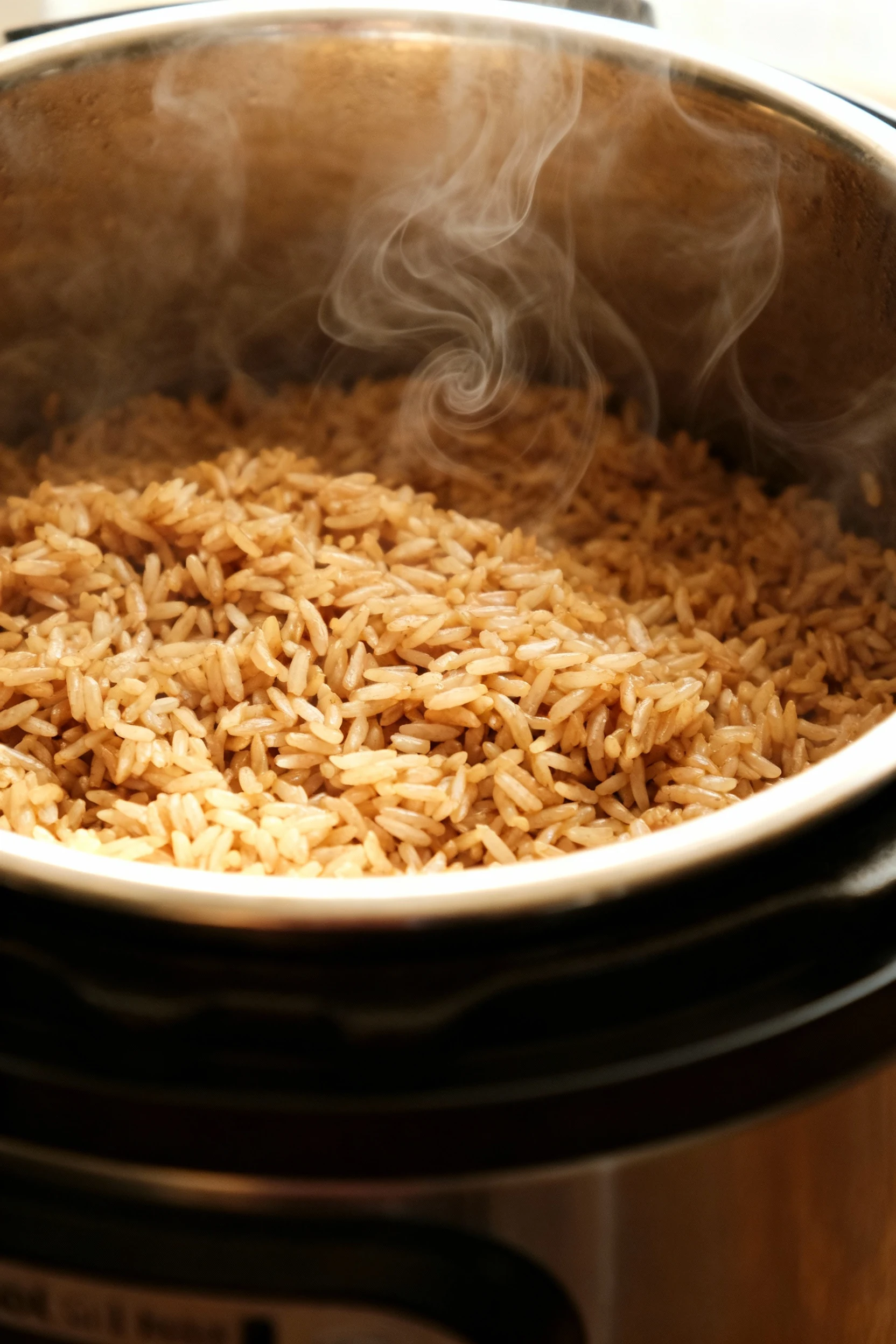 Instant Pot inner pot filled with perfectly cooked brown rice just after natural pressure release, steam curling upward,