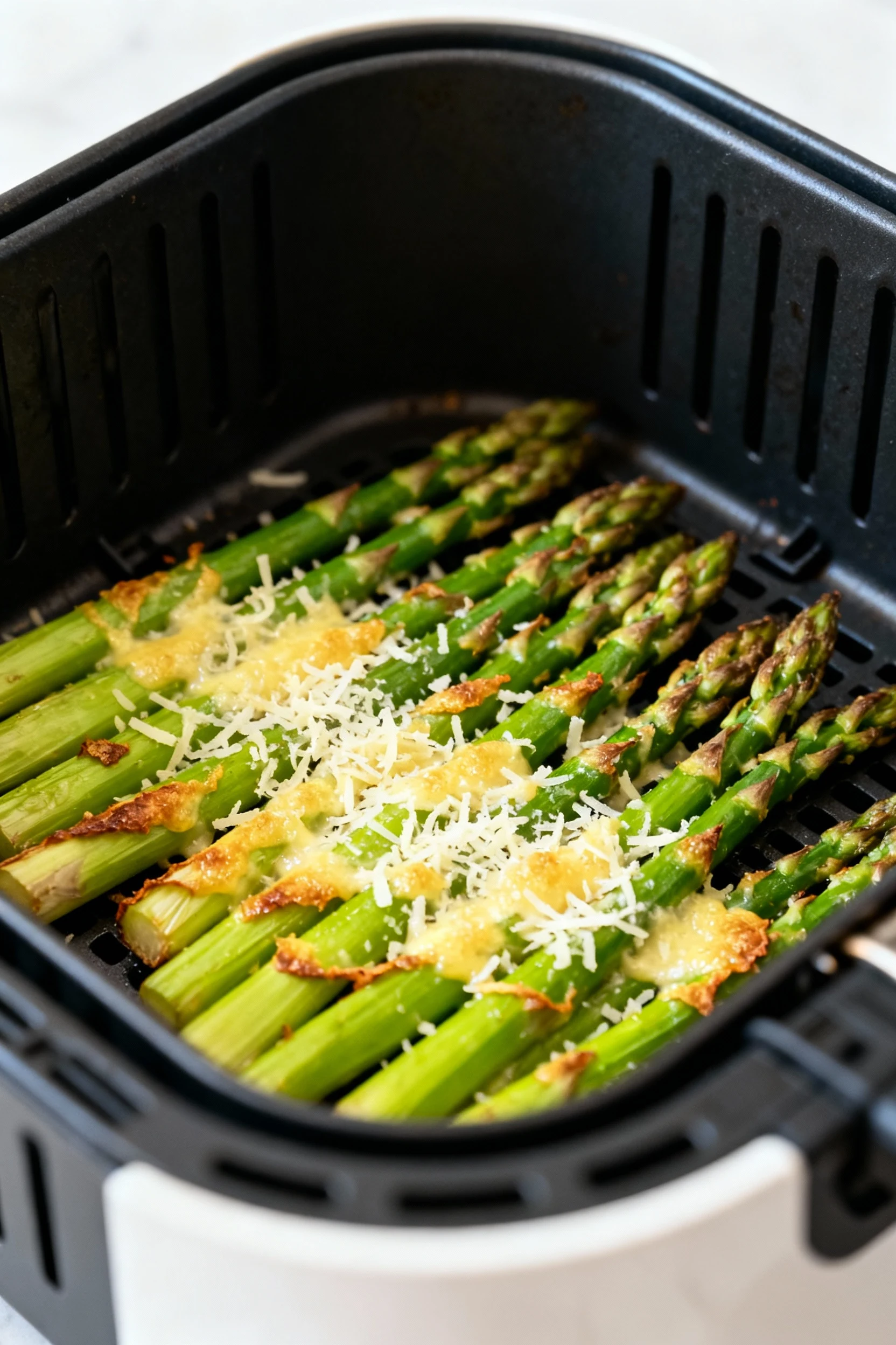 Mid-cooking process image of asparagus in air fryer, Parmesan just added and beginning to melt, crisped edges visible, a