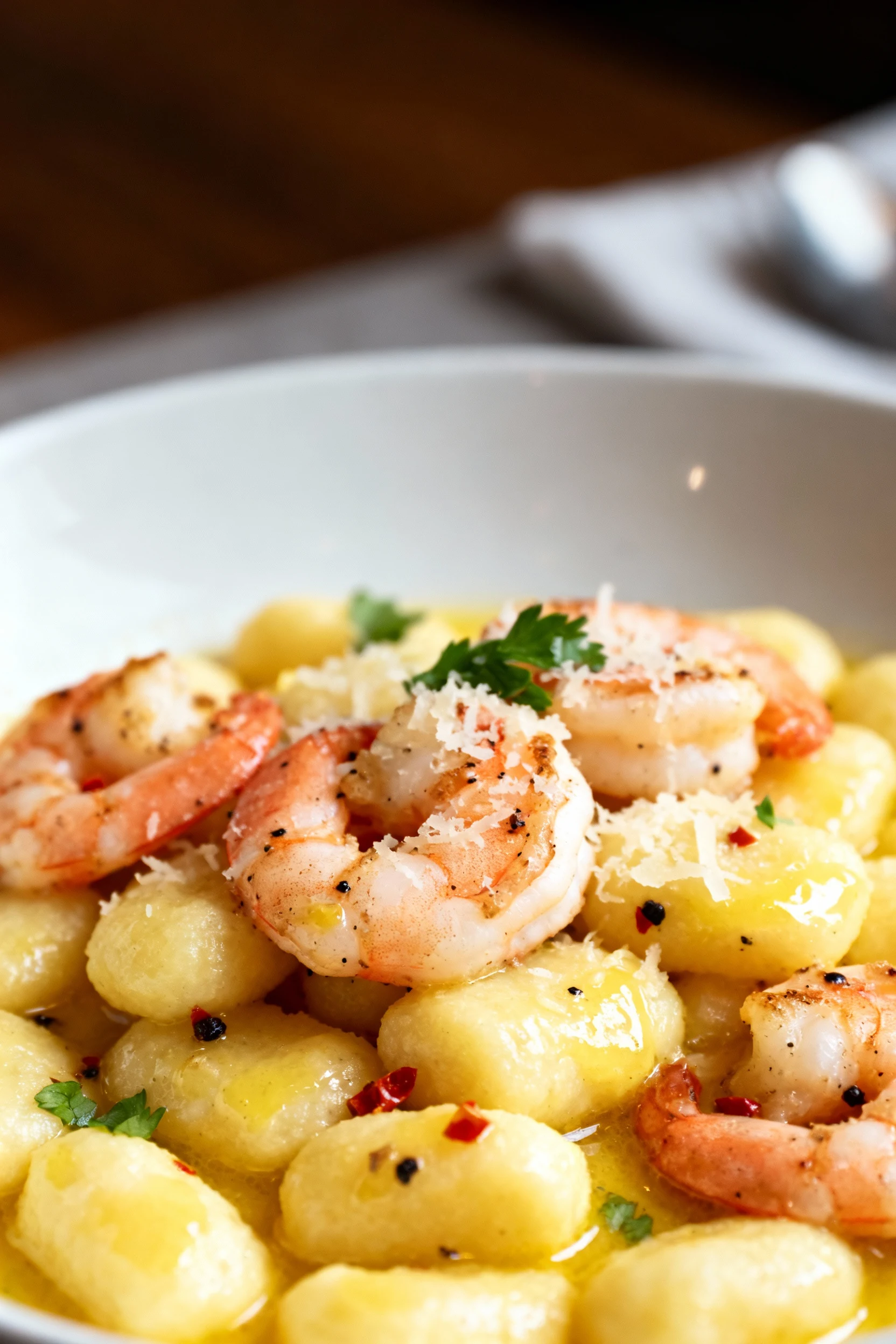 Close-up of Lemon Garlic Shrimp Gnocchi, buttery gloss on pillowy gnocchi with seared pink shrimp, flecks of chili and b