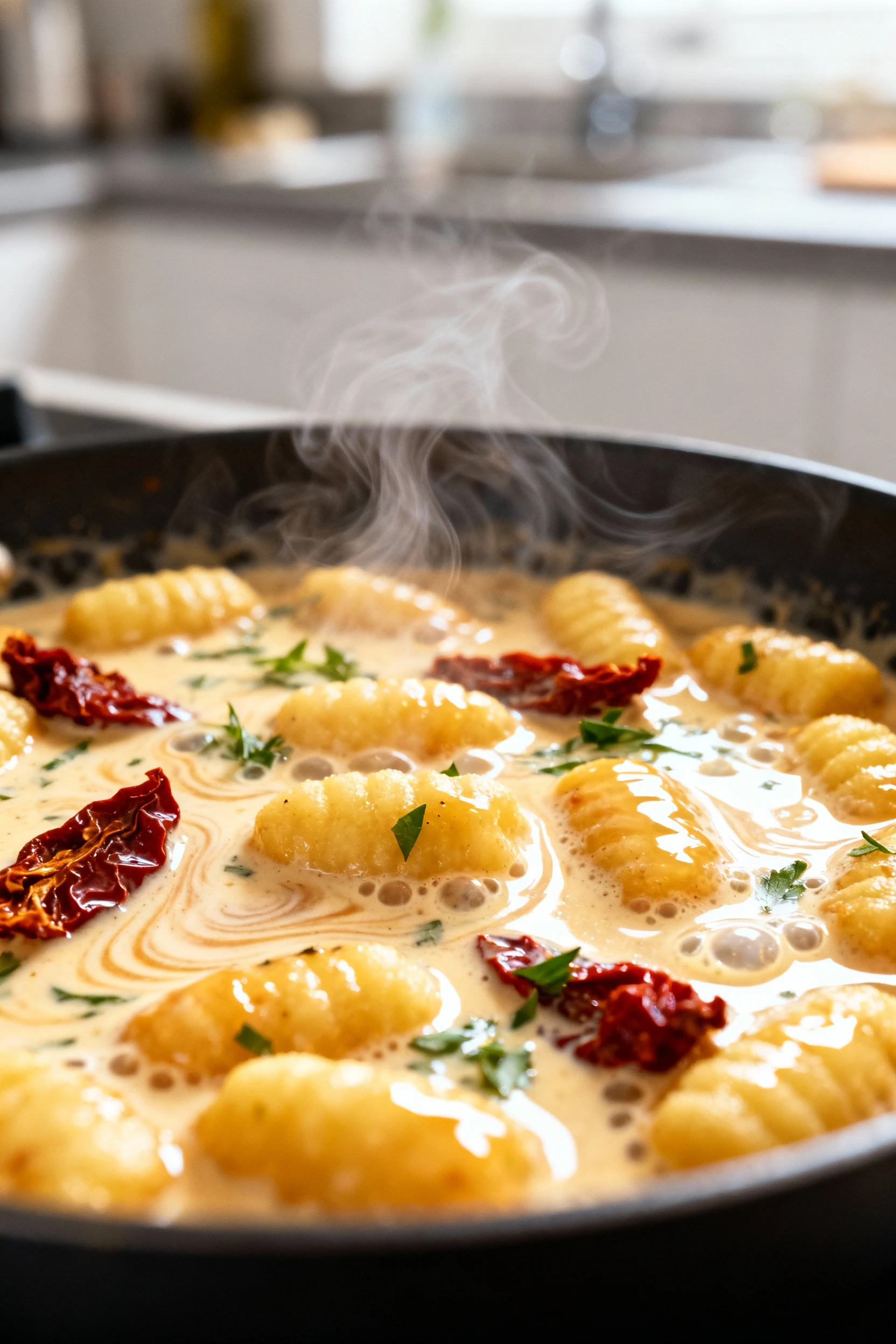 Mid-cook process shot of gnocchi and sun-dried tomatoes in bubbling cream sauce just before adding spinach, sauce swirli