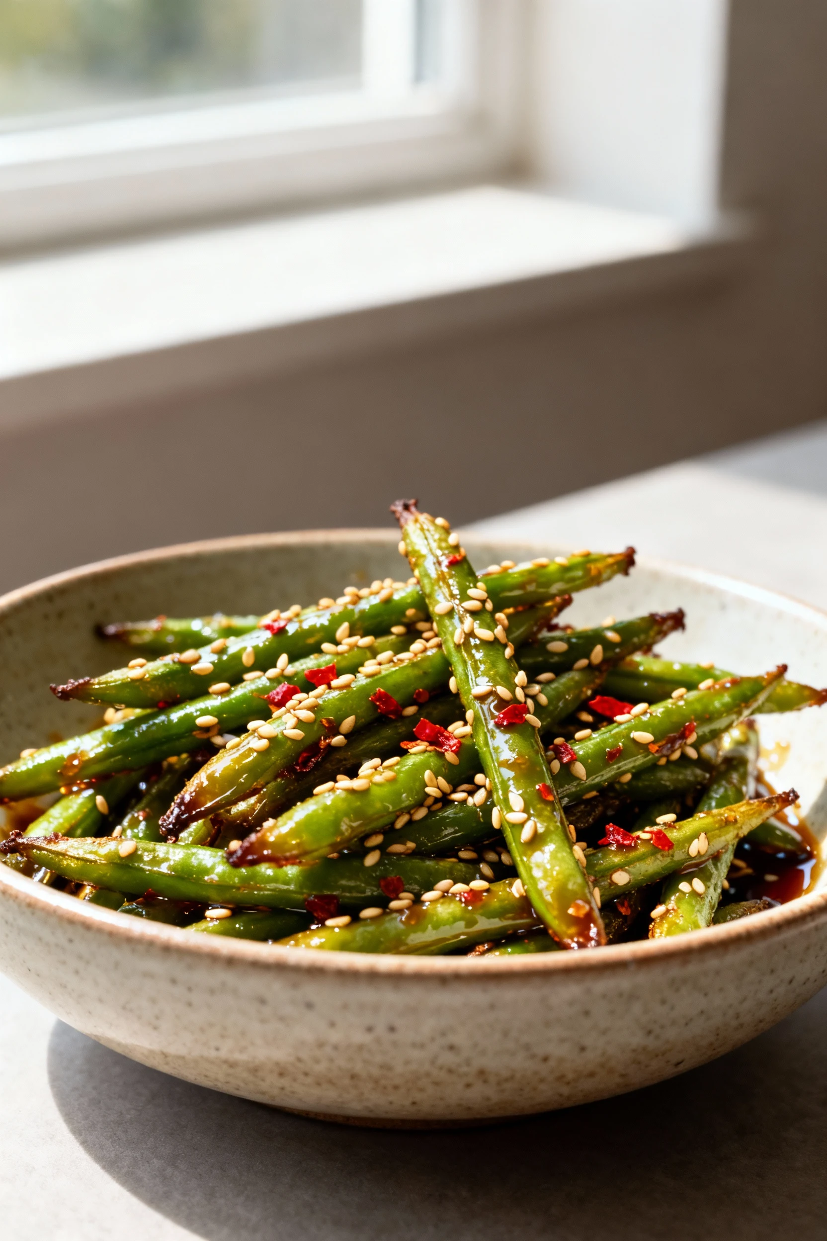 Sesame–Soy variation: air-fried green beans glistening with sesame oil and soy, sprinkled with toasted sesame seeds and