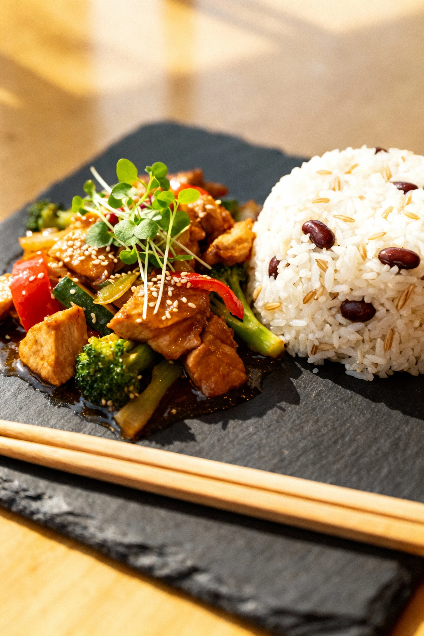 Restaurant-quality presentation of the finished stir-fry served alongside a mound of steamed jasmine rice, beans glisten