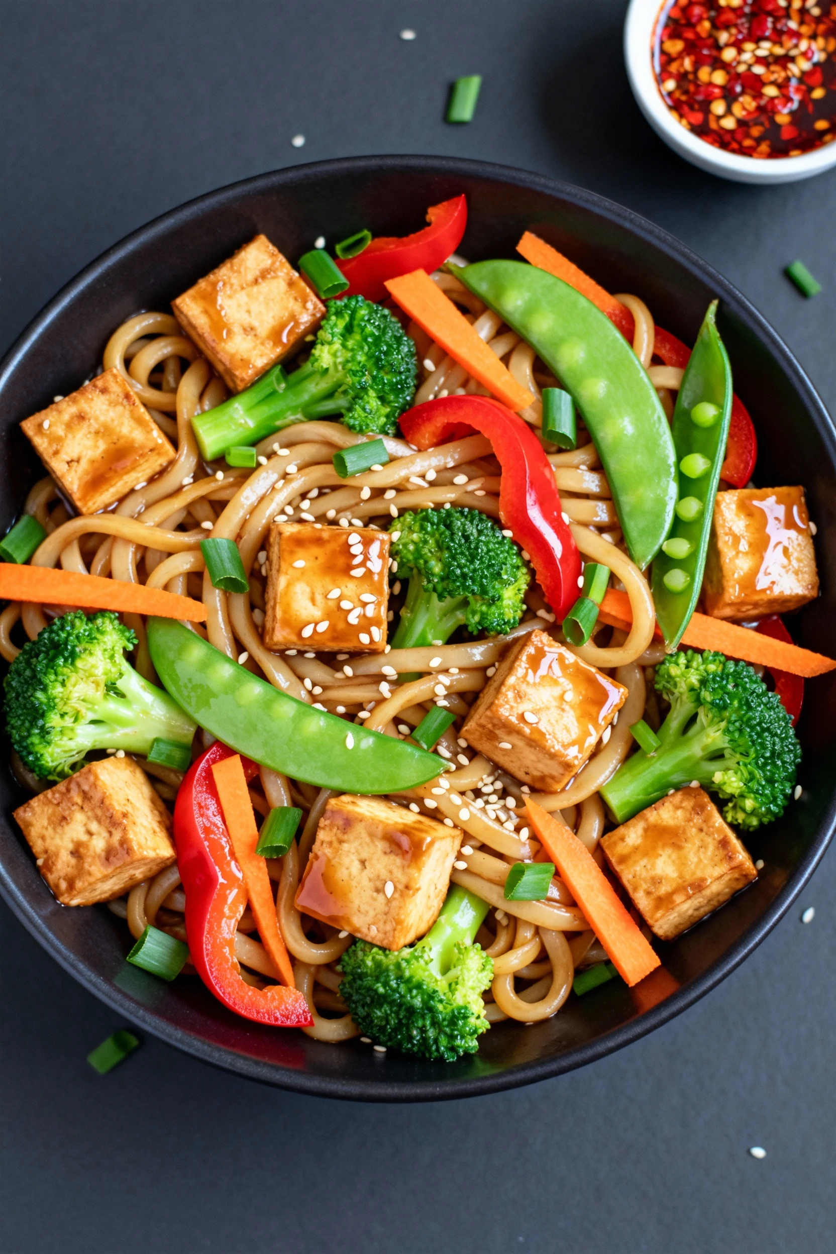 Tasty top view: overhead shot of tofu vegetable stir fry tossed with udon noodles, even glossy glaze on noodles and tofu