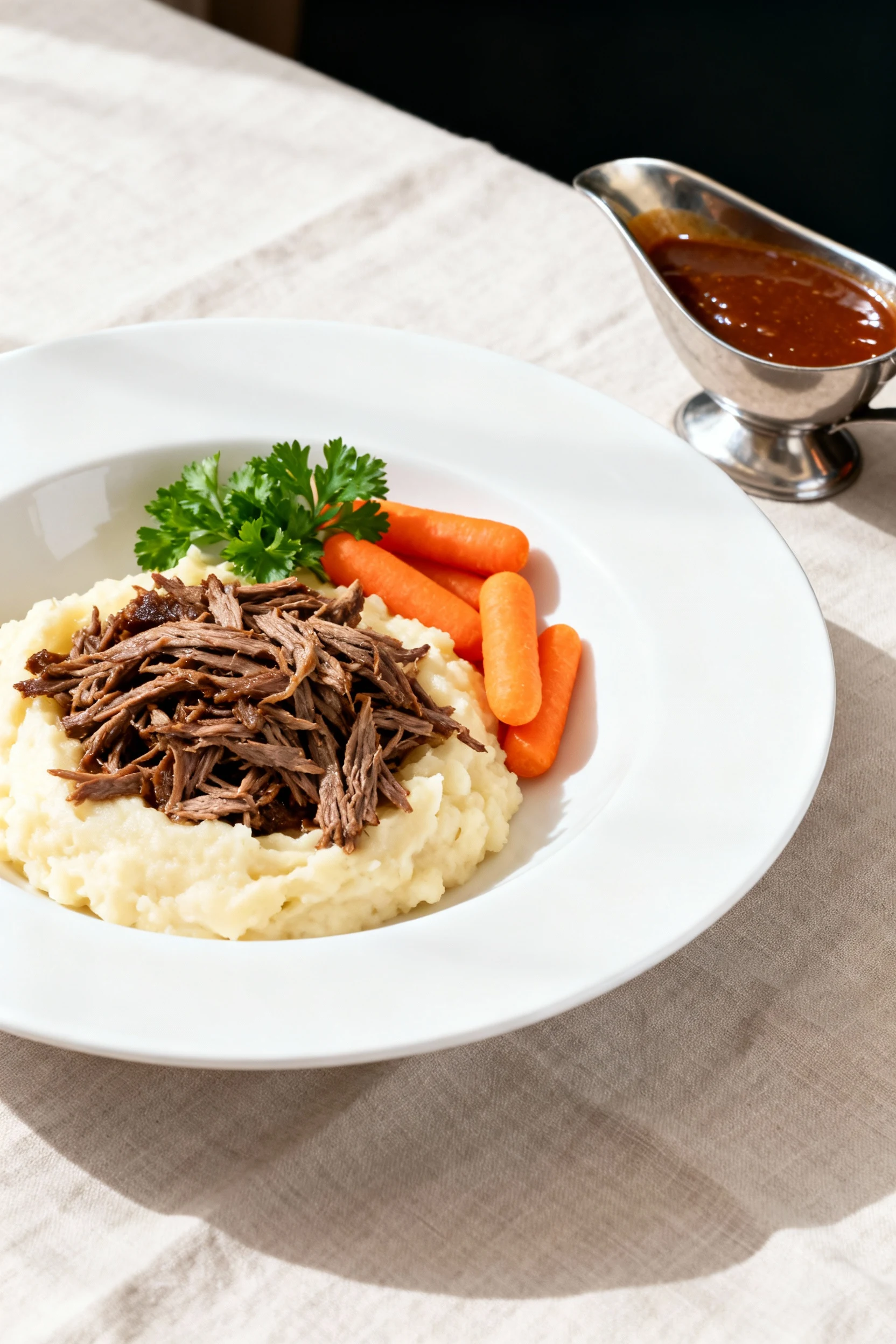 4. Final dish presentation: restaurant-quality plate of shredded beef over creamy mashed potatoes with a ladle of glossy