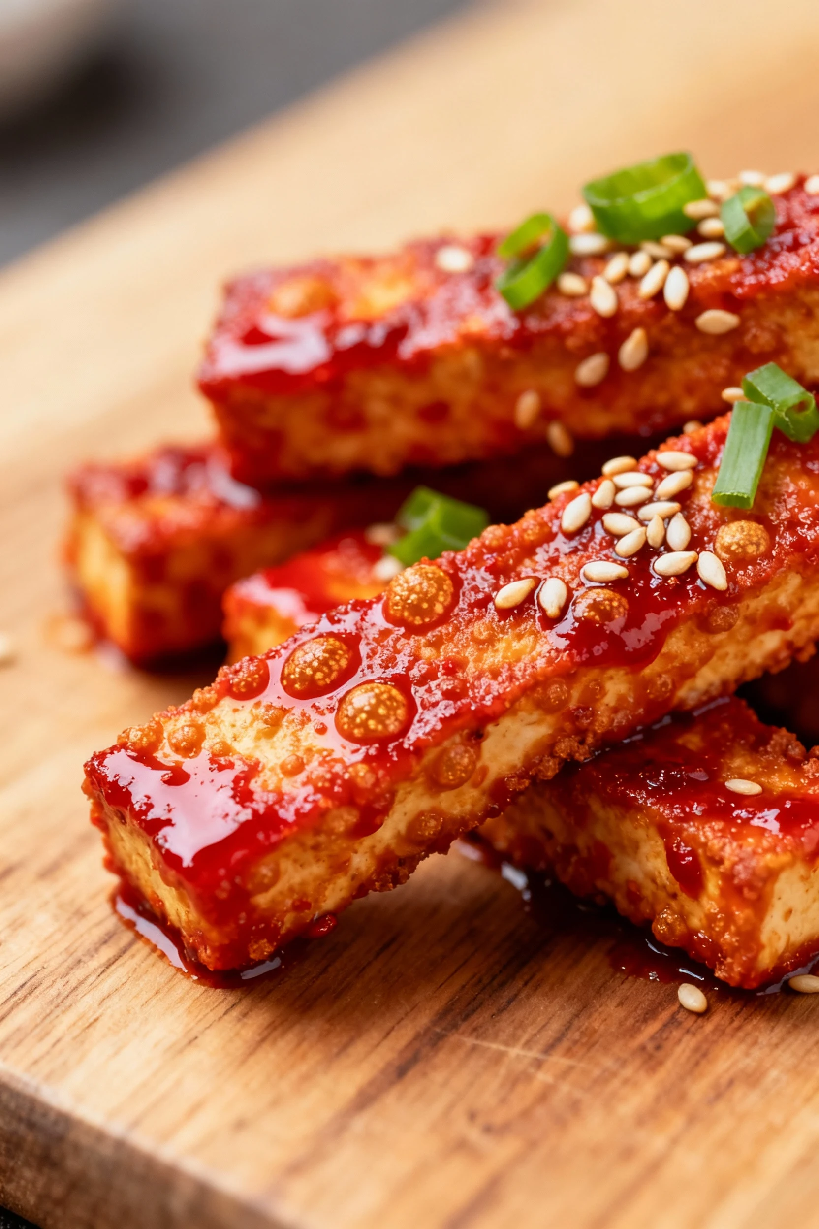 Close-up: Gochujang-glazed crispy tofu batons, glossy red sheen with the bubbled crust peeking through; garnished with s