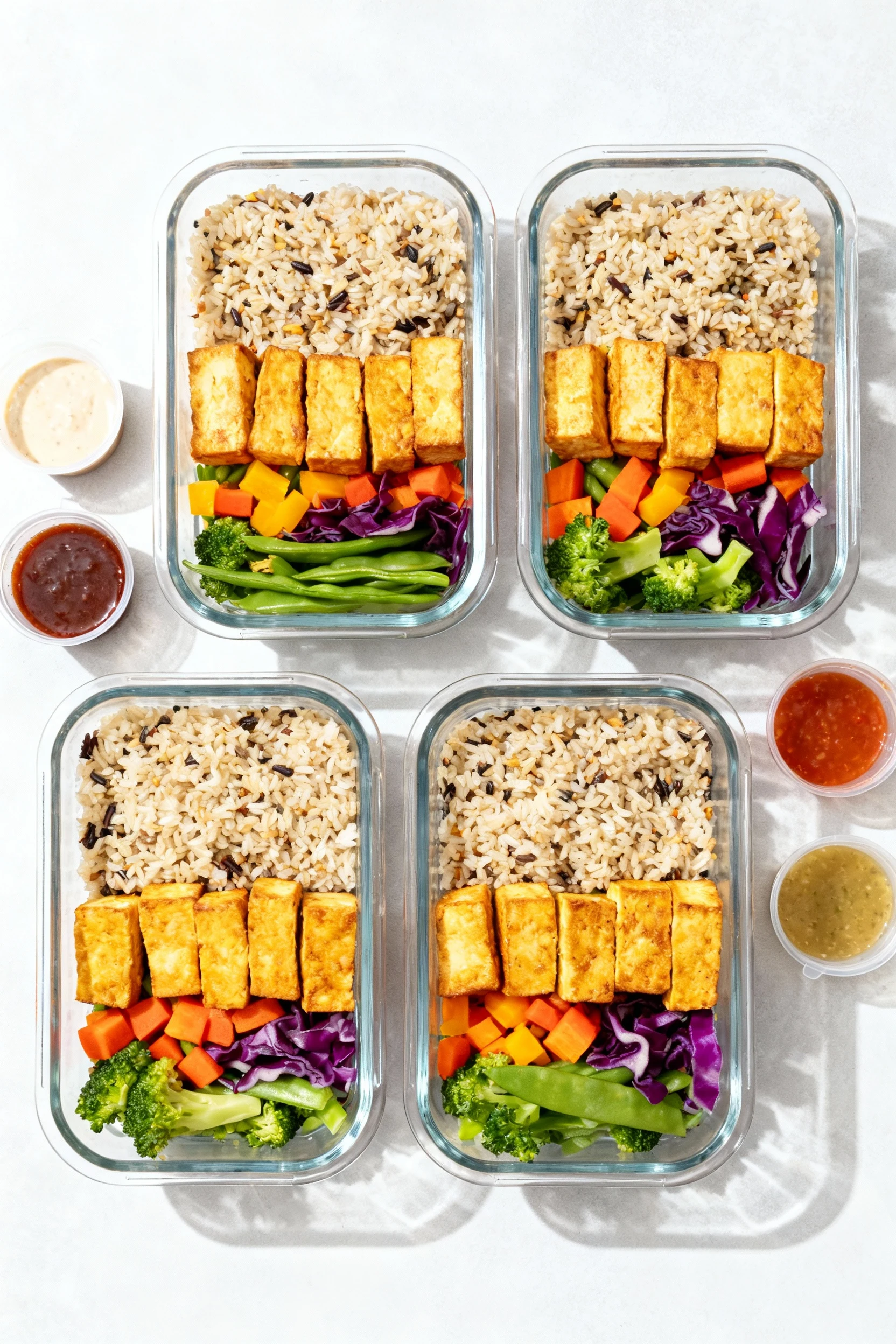 Wide top-down view of four neatly packed meal prep containers, each with grains, colorful vegetables, and golden tofu ar