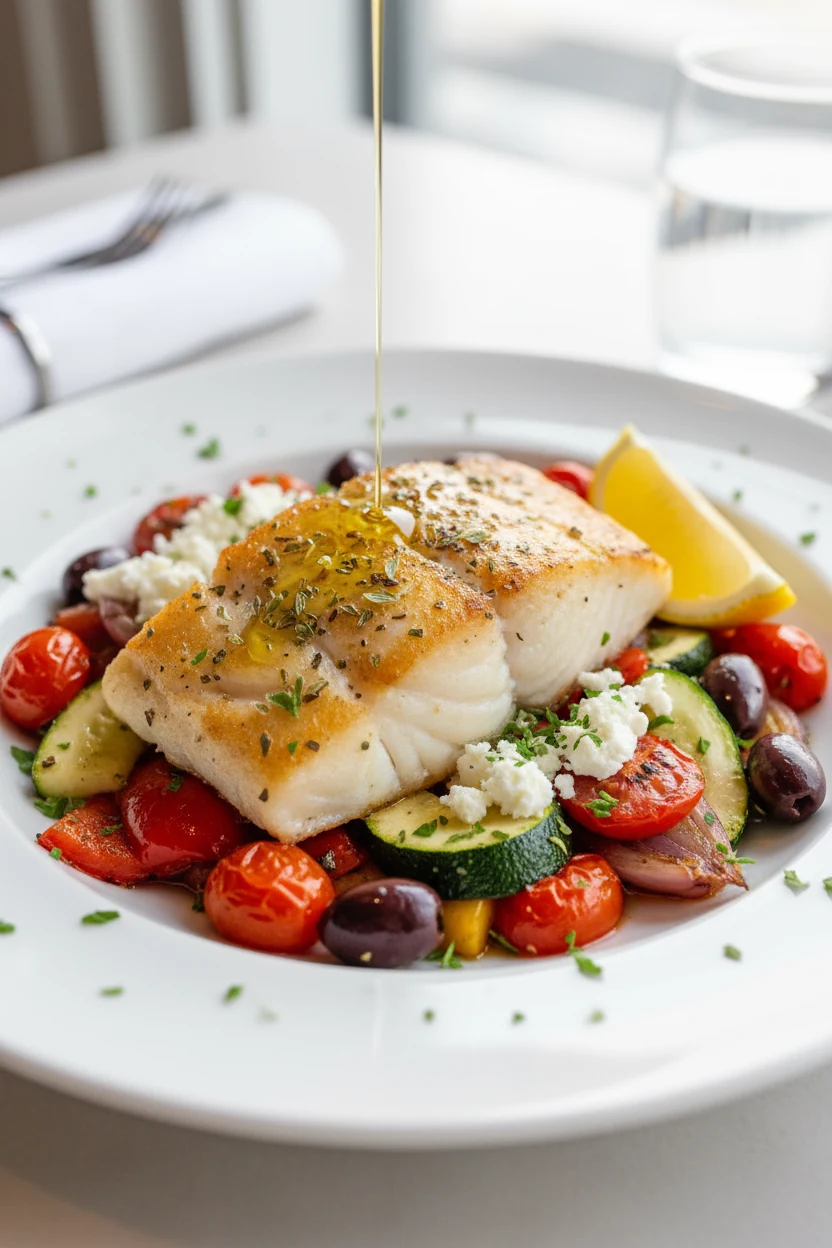 Beautifully plated cod with roasted veggie medley, Mediterranean finish of olives, oregano, crumble of feta, drizzle of