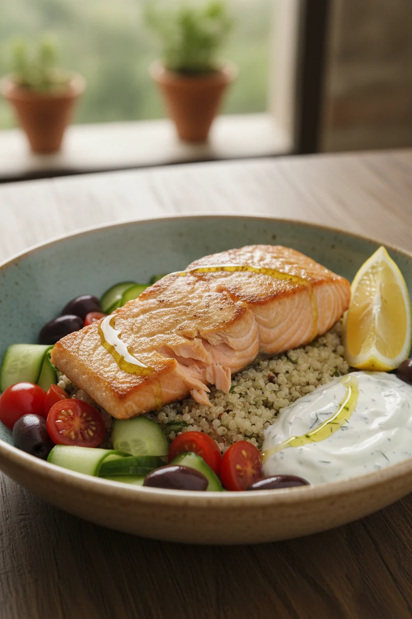 Final presentation: Mediterranean salmon bowl with a seared skin-on fillet (125–130°F) slightly flaked to reveal buttery