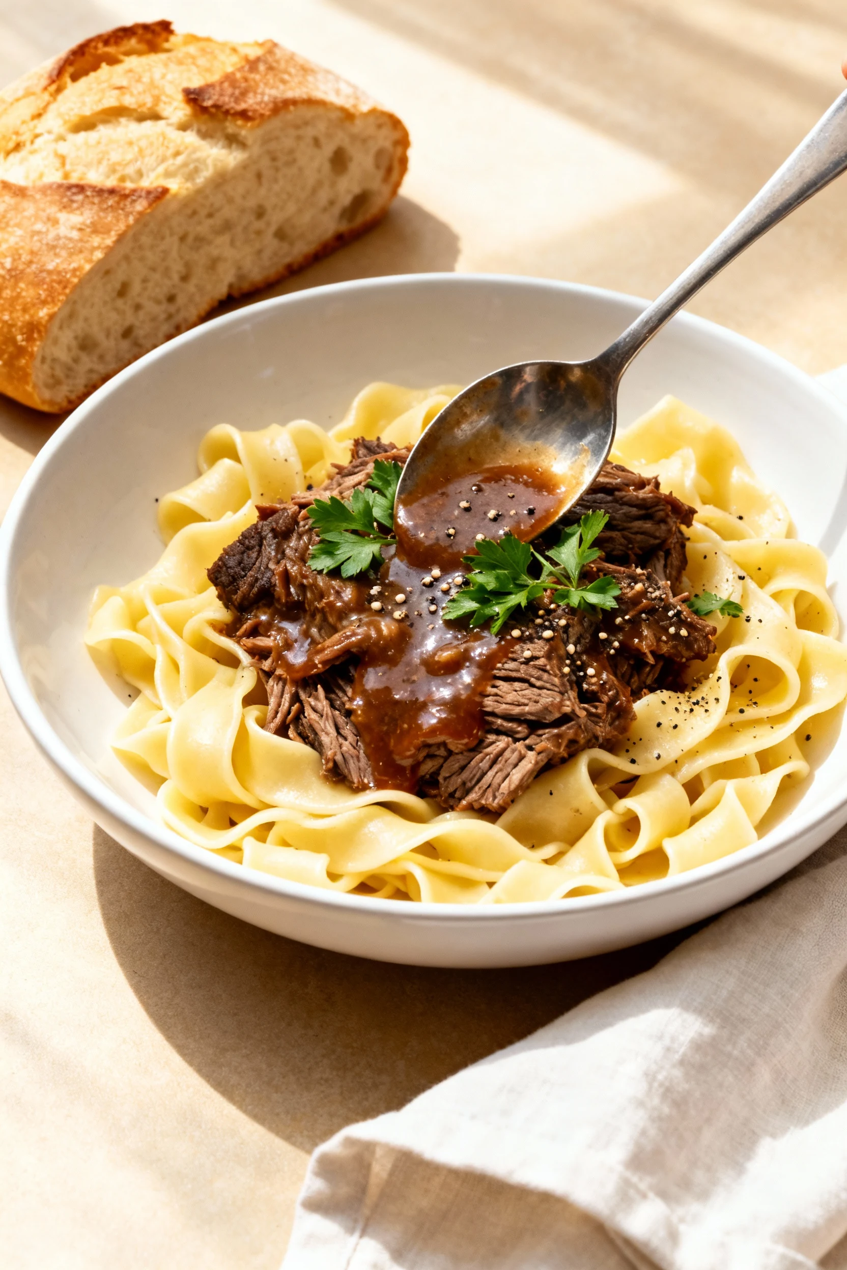 4. Final plated dish: slow-cooker chuck roast over buttered egg noodles in a matte white shallow bowl, glossy sauce spoo