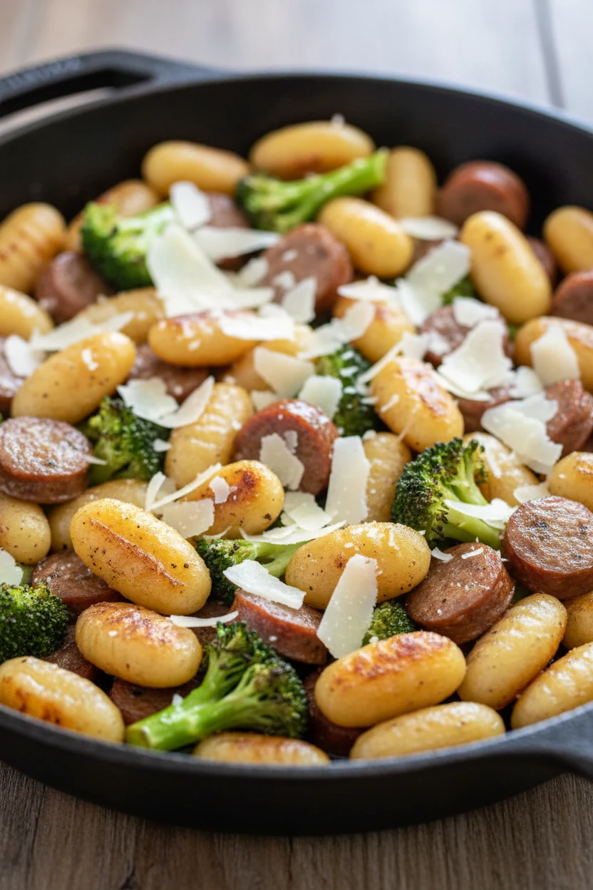 Close-up of broccoli gnocchi one-pan—golden, craggy-edged gnocchi with bright-green broccoli and seared sausage slices,