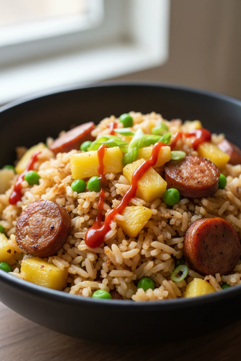 Final plated pineapple kielbasa fried rice in a dark bowl, fluffy day-old rice with crisp bits, caramelized pineapple, g