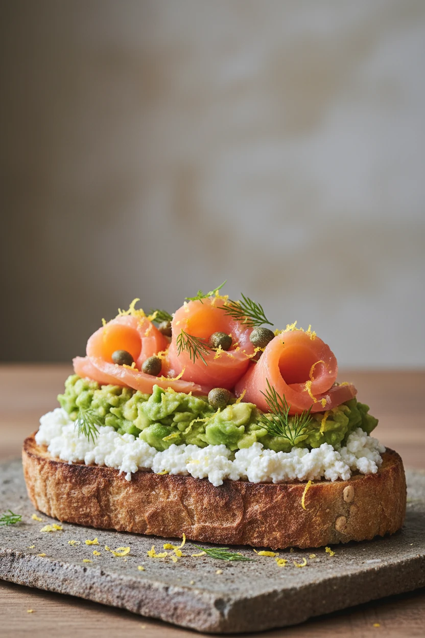 Beautifully plated Smoked Salmon Avocado Toast with cottage cheese spread, ribboned salmon, smashed avocado, dill and ca