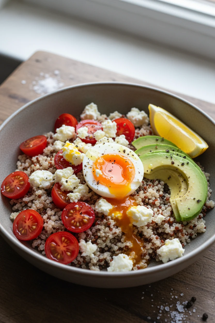 Final dish presentation: beautifully plated savory quinoa bowl with fluffy quinoa, halved cherry tomatoes, crumbled feta