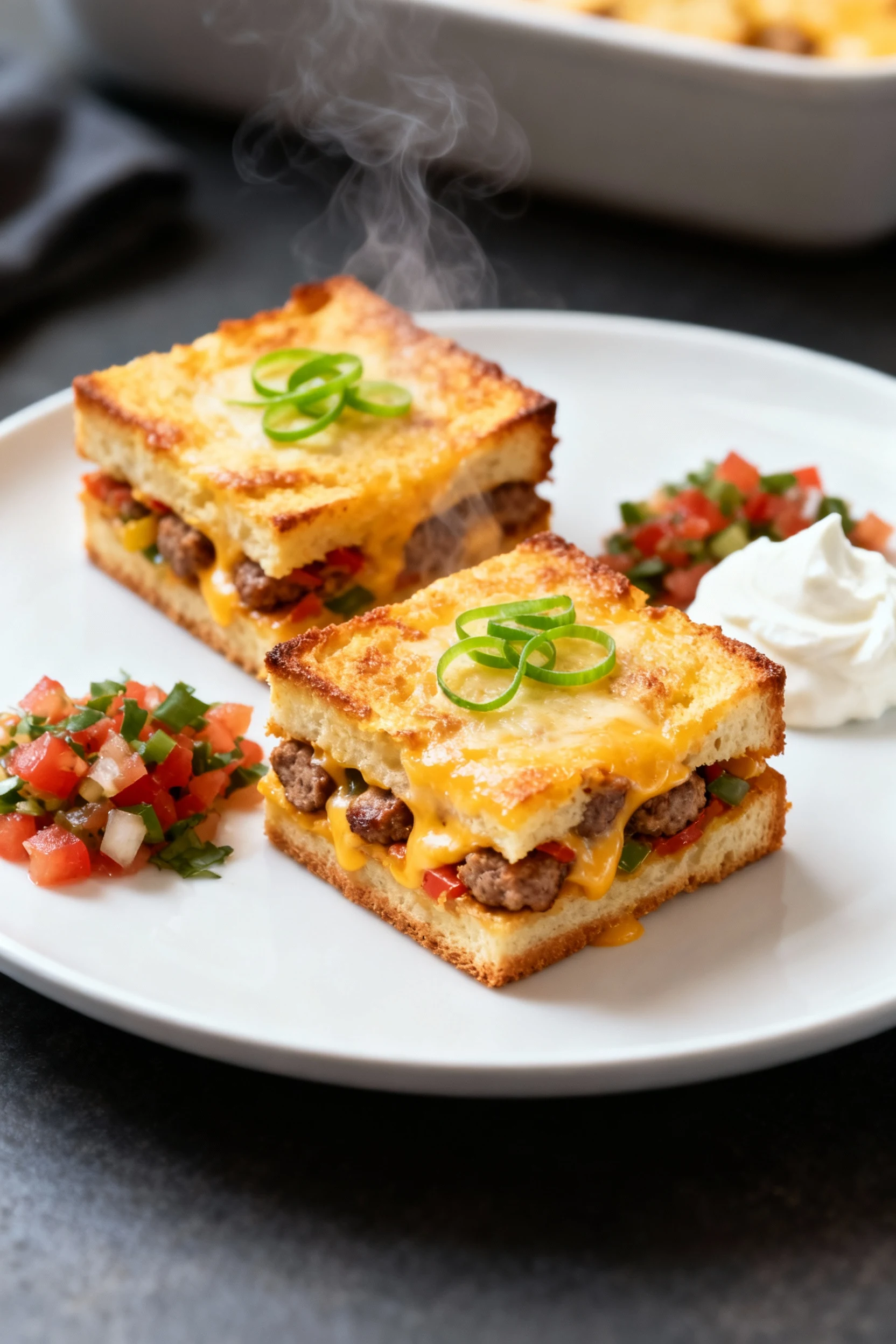 Food photography, 4. Restaurant-quality presentation: two strata-style squares (bread base) on a white plate—golden edge