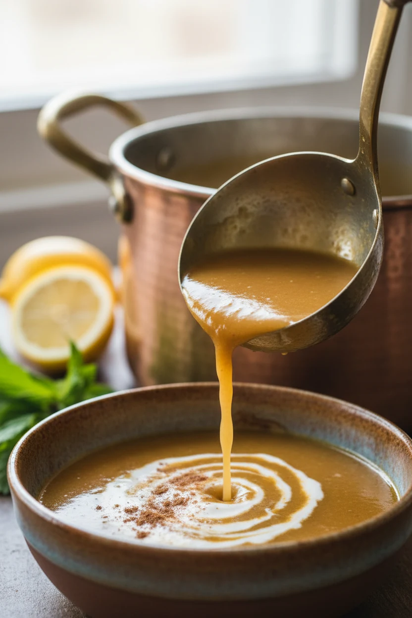 Three-quarter close-up of glossy soup being ladled into rustic stoneware, finished with a delicate Greek yogurt swirl an