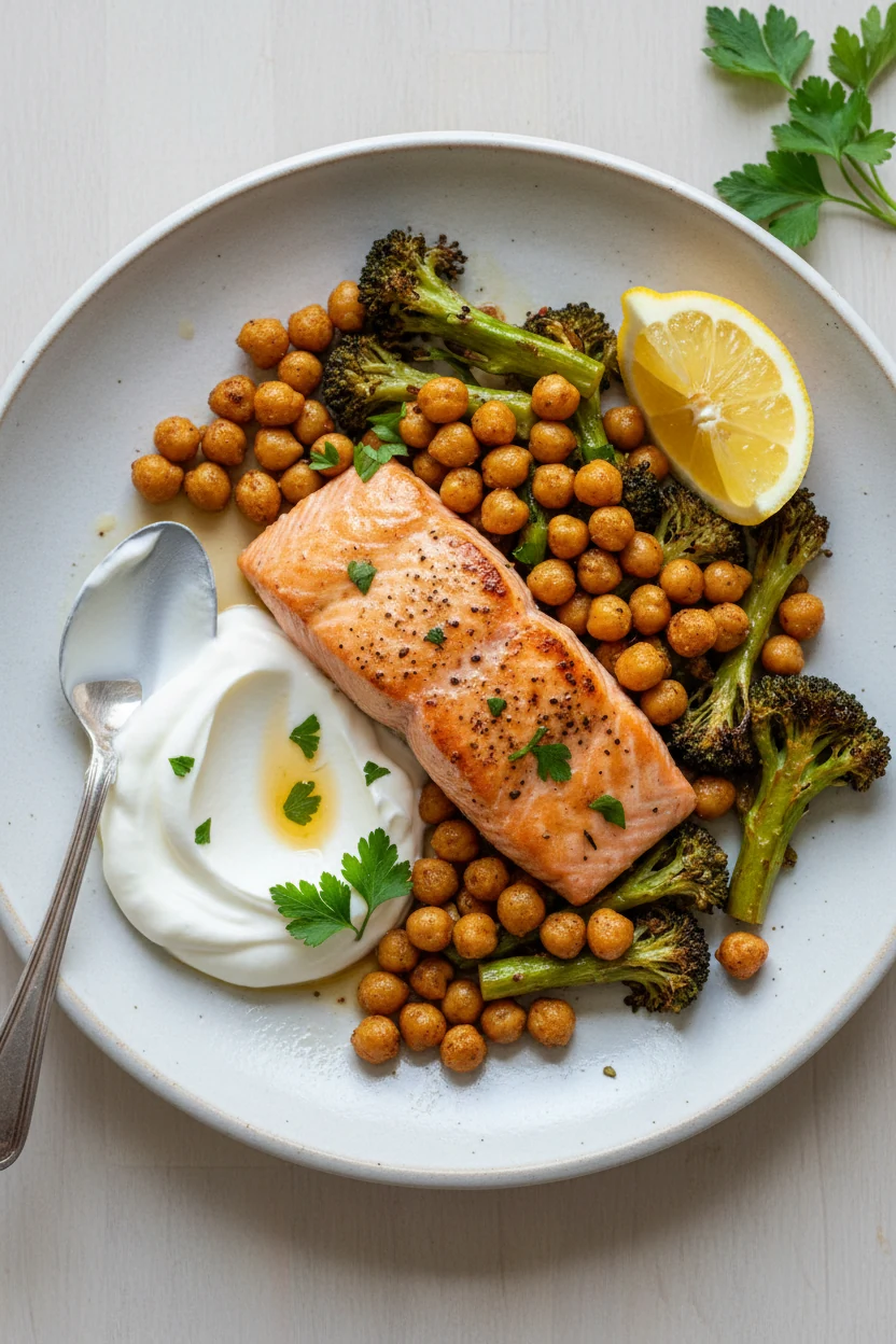 Final plated dish: salmon with crispy chickpeas and caramelized broccoli on a matte white plate, spoonful of tangy yogur