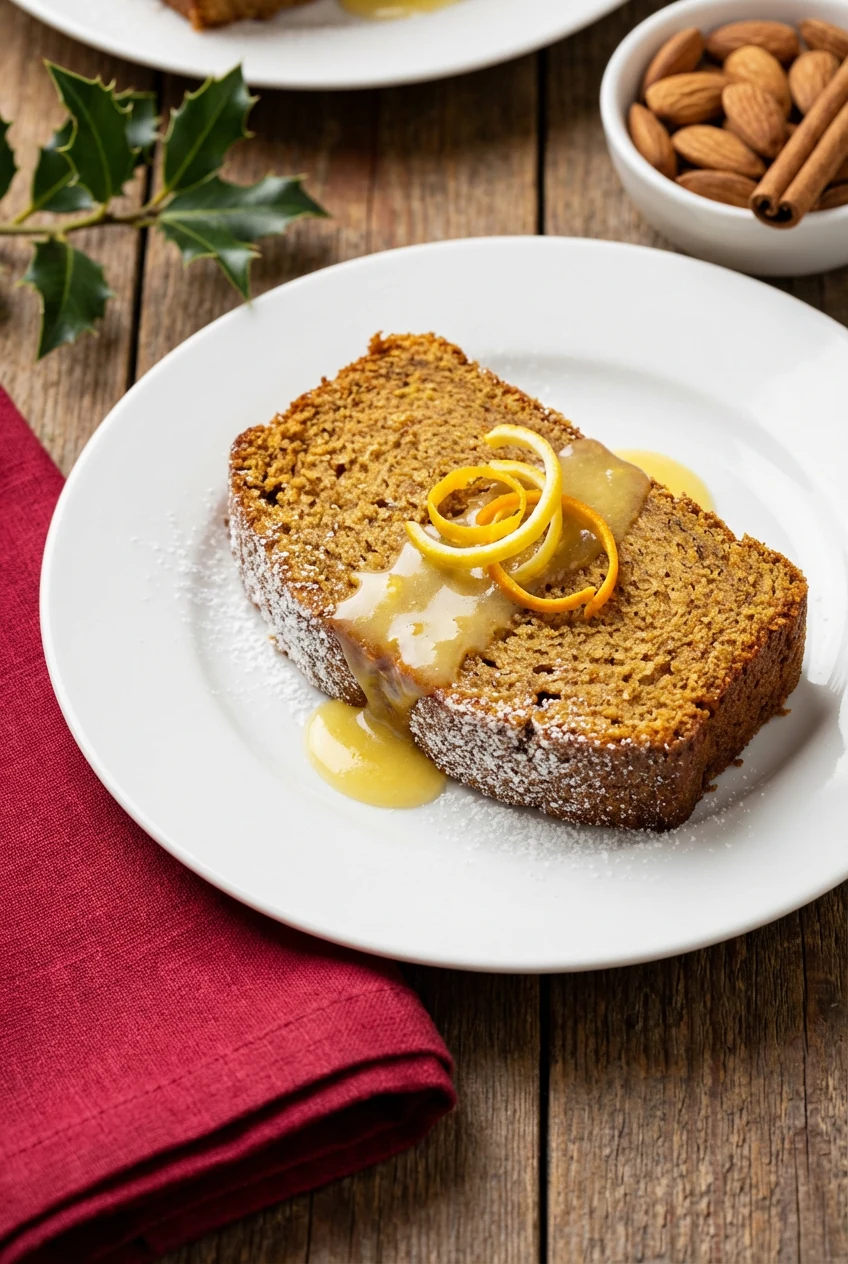 Beautifully plated thick slice of cinnamon–nutmeg spiced cake with almond and vanilla notes, garnished with a drizzle of