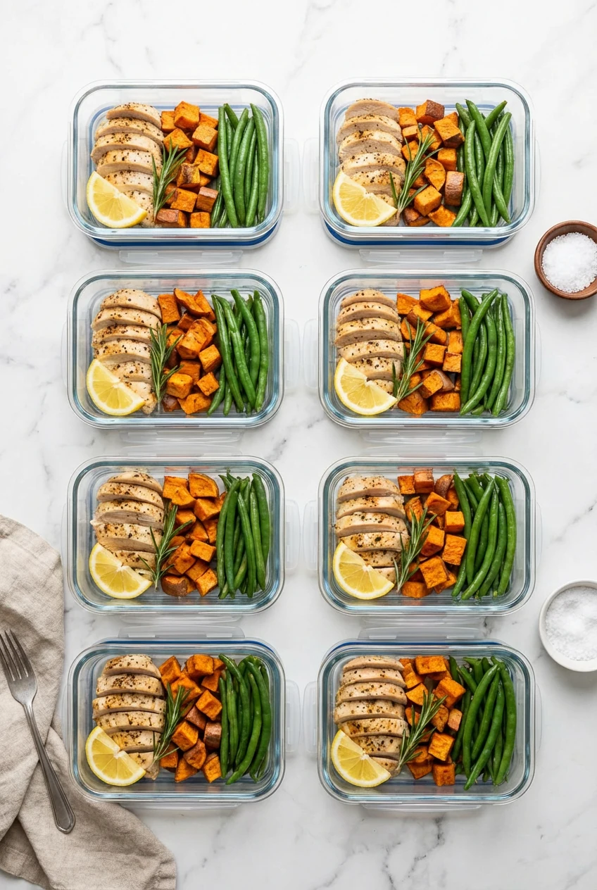 5. Overhead composition of meal-prep portions: sliced baked chicken neatly packed in airtight glass containers with lemo