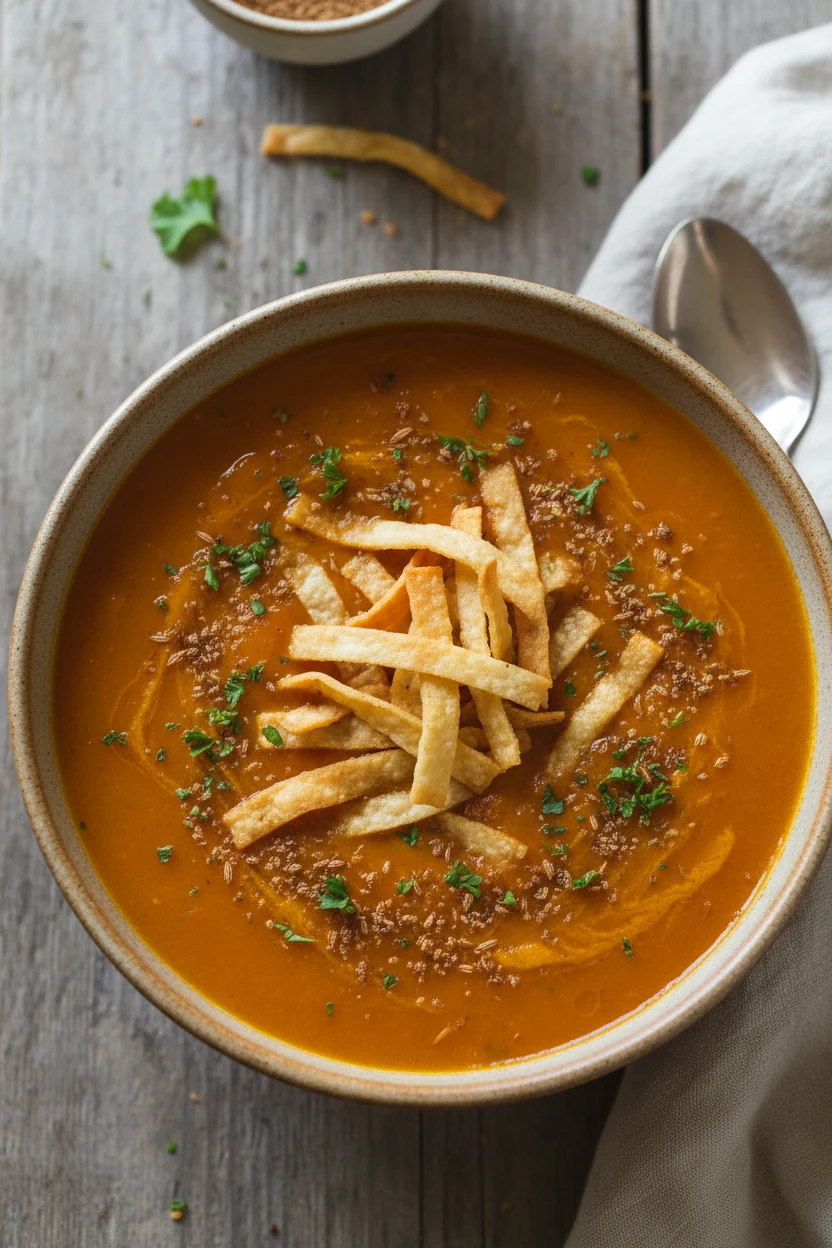 Overhead variant: smoky chipotle butternut squash soup topped with crispy tortilla strips, a hint of cumin, and parsley,