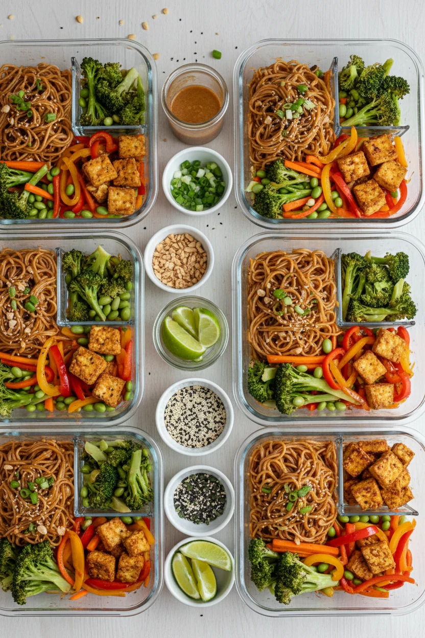 Meal-prep top view: containers with noodles + sauce + veg (broccoli, carrots, peppers, edamame) and separate crispy tofu