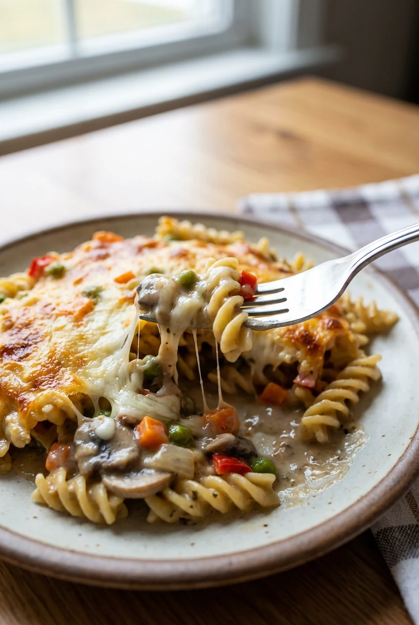 6. Close-up of fork breaking into casserole on a plate, revealing creamy mushroom sauce coating pasta, melted cheese str