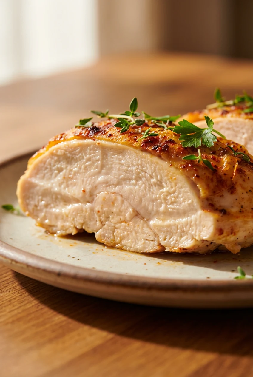 6. Artistic close-up of a juicy slice of baked chicken showing moist interior, crispy paprika-speckled exterior, garnish