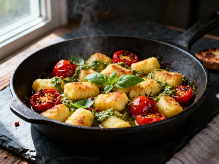 Crispy Skillet Gnocchi With Pesto and Cherry Tomatoes